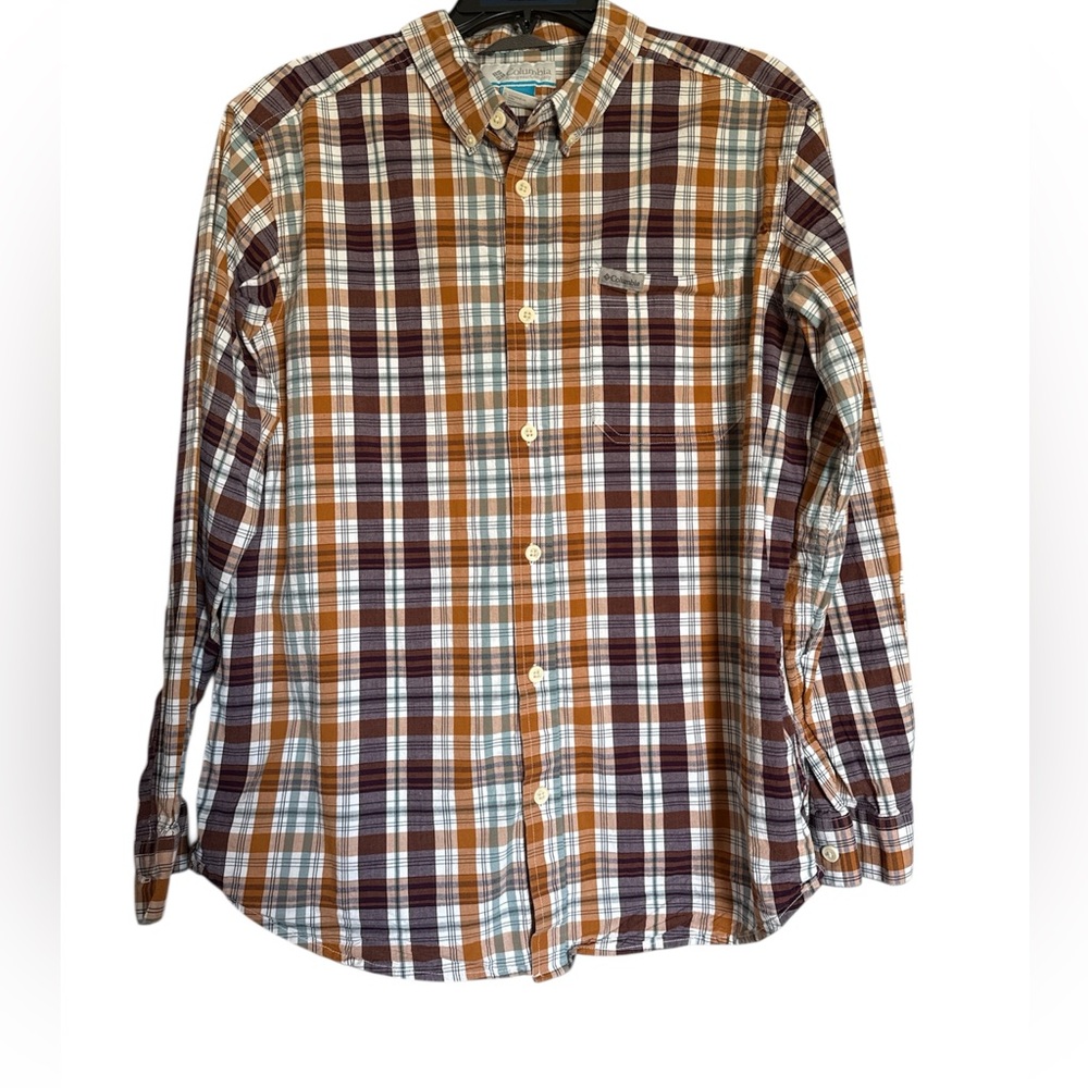 Men's Plaid Button-Down Shirt in Brown, White & Burgundy
